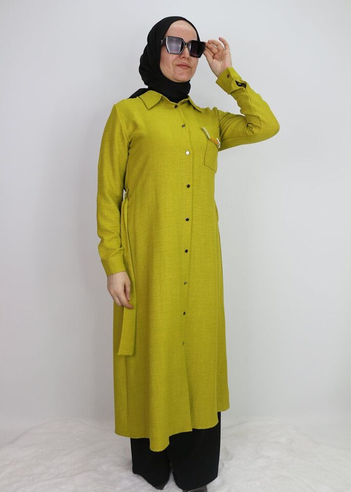 1633 TUNİK ÖNDEN DÜĞMELİ BELİ BAĞLAMALI CEBİ TAŞLI TUNİK QYS TUNİK #247-03# 44 - YAĞ YEŞİLİ