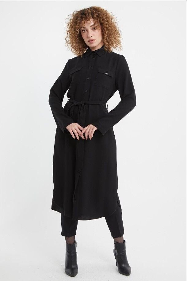 61077 ÖNÜ DÜĞMELİ KUŞAK KEMERLİ GÖMLEK YAKA  TUNİK QKS 61077 TUNİK #22-10#