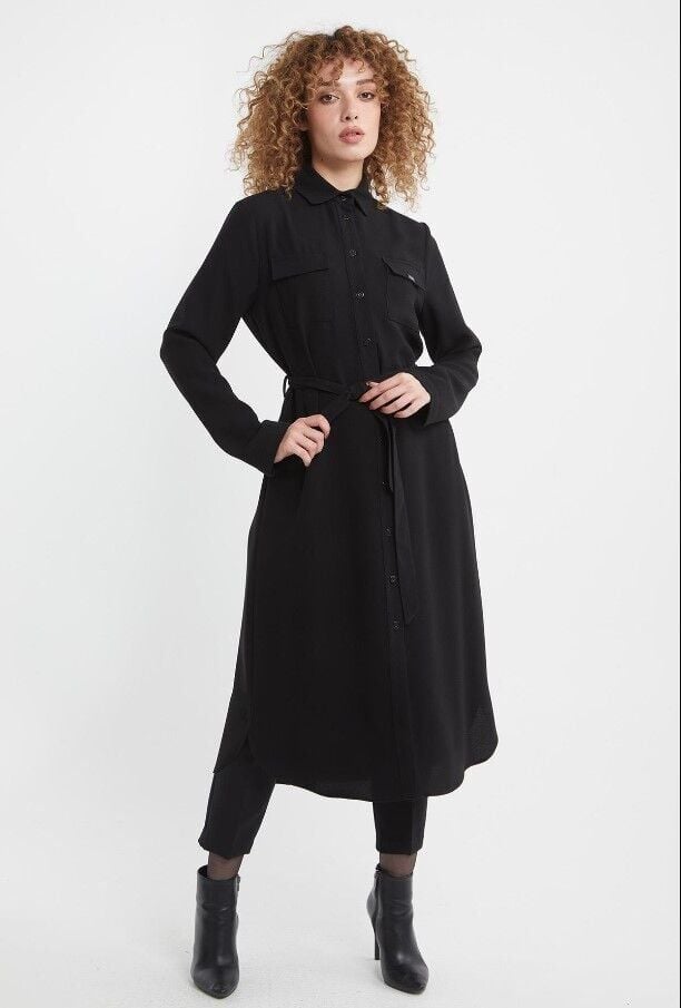 61077 ÖNÜ DÜĞMELİ KUŞAK KEMERLİ GÖMLEK YAKA  TUNİK QKS 61077 TUNİK #22-10#