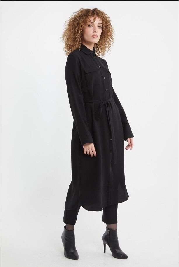 61077 ÖNÜ DÜĞMELİ KUŞAK KEMERLİ GÖMLEK YAKA  TUNİK QKS 61077 TUNİK #22-10#