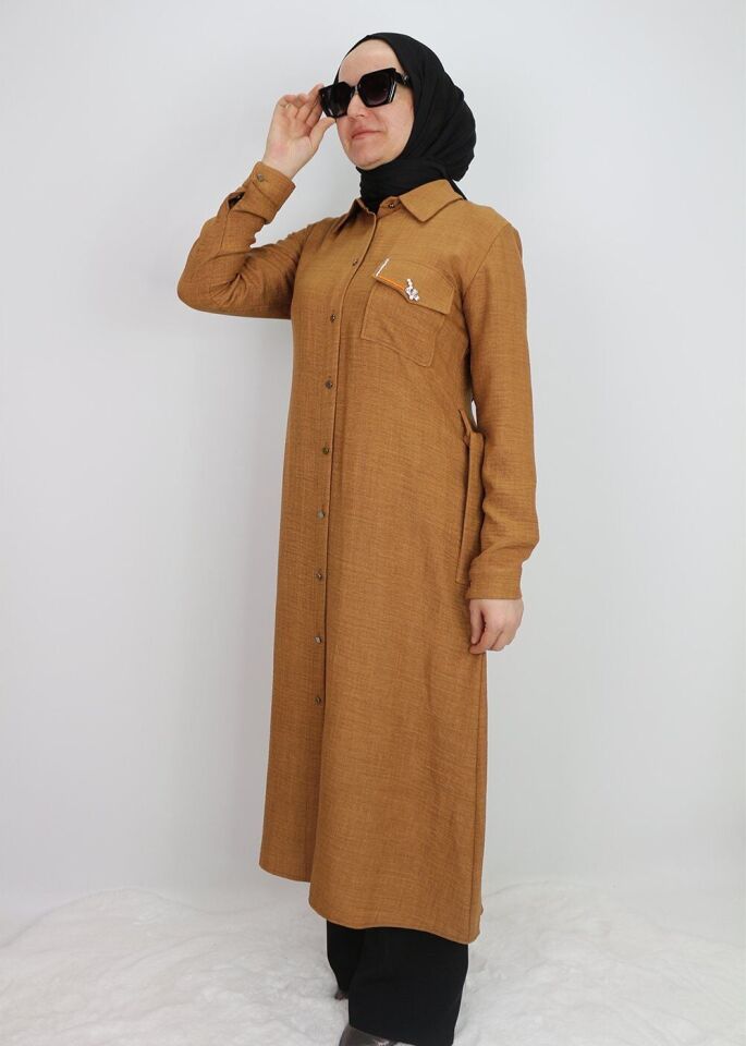 1633 TUNİK ÖNDEN DÜĞMELİ BELİ BAĞLAMALI CEBİ TAŞLI TUNİK QYS TUNİK #247-03# 46 - Kahverengi