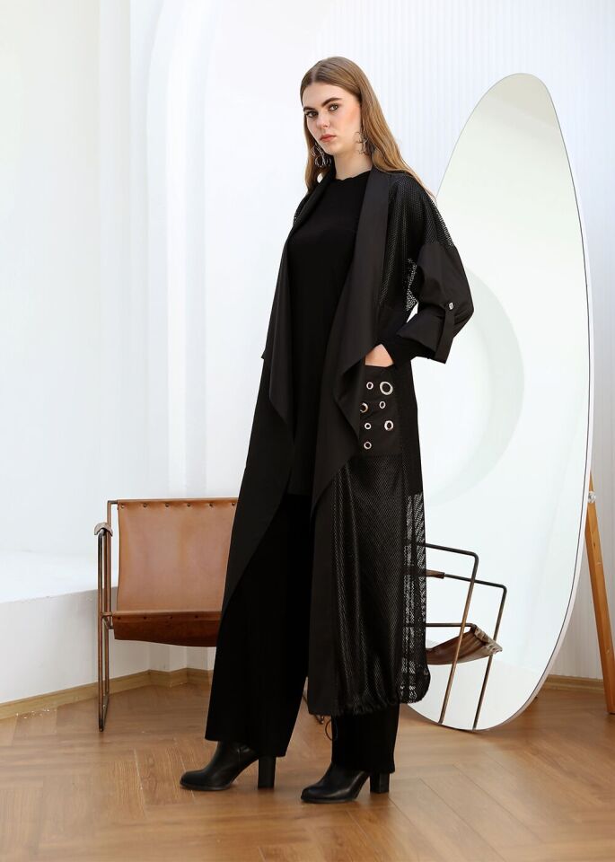 43422 KOL VE SIRTI FİLE DETAYLI KRAVUZE YAKA KOL KATLAMA DETAYLI CEPLERİ ZIMBA DETAYLI SPOR KAP