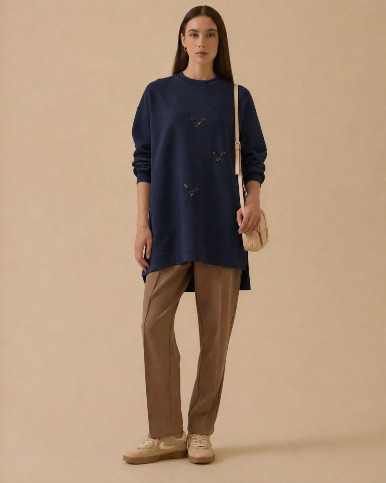 5336 ÖNDEN TAŞLI KOL VE ETEK UCU LASTİKLİ İKİ İPLİK SWEAT #26#