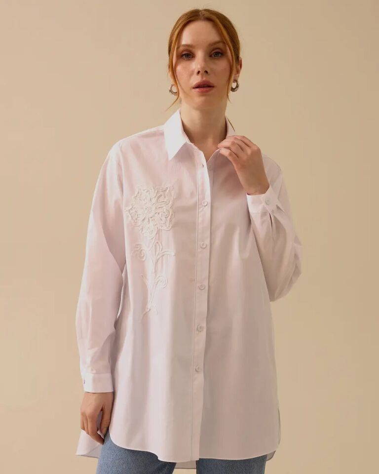 1017 ÖNDEN DÜĞMELİ YAKASI ÇİÇEK DETAYLI ŞIK TUNİK 10002511211017 #06-25# 40 - BEYAZ