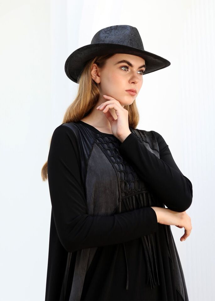 43306 ÖNÜ FİLE DETAYLI SIRTI SANDY KUMAŞ ŞALVAR TİPLİ ELBİSE