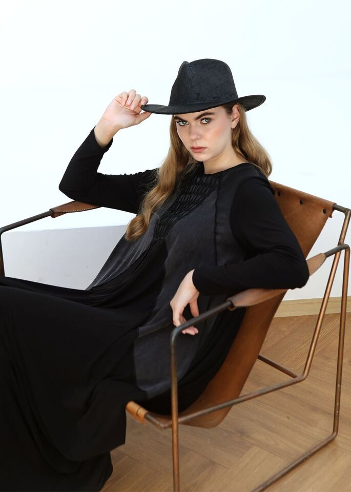 43306 ÖNÜ FİLE DETAYLI SIRTI SANDY KUMAŞ ŞALVAR TİPLİ ELBİSE