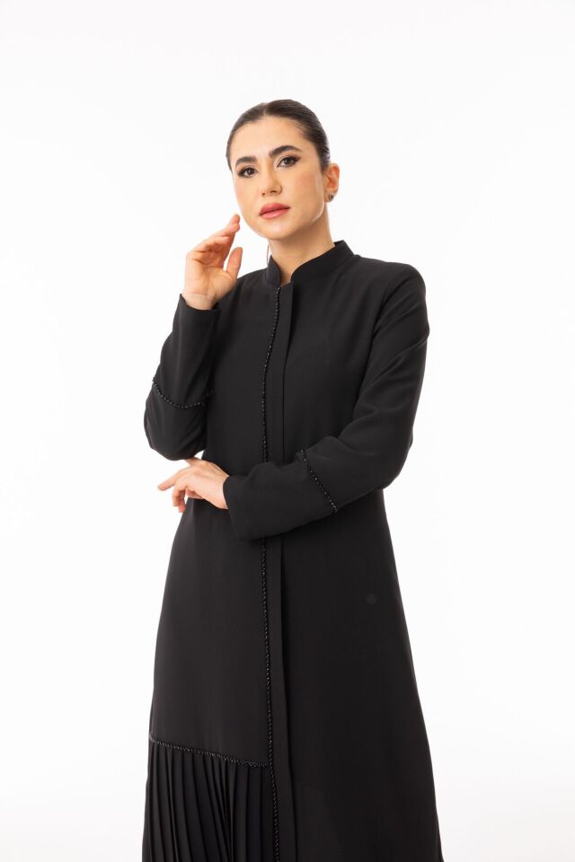 5608 ALT KISIM PLİSE DETAYLI ÖNÜ VE KOL UCU TAŞ DETAYLI ARABİYELİ  KREP FERACE#26# 48 - SİYAH