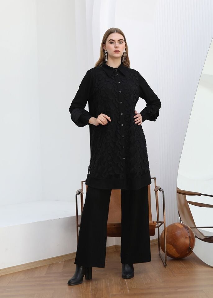 43814 ÖNÜ DÜĞMELİ YAKA ÖN VE EN ALT KISIM TRİKO İÇ SANDY KUMAŞ KOL UZUN DIŞ ÇİÇEK TÜL DETAYLI ŞIK TAKIM