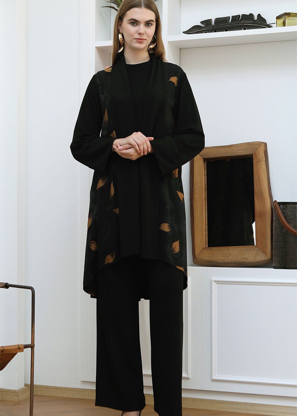 43413 ÖNÜ DÜĞMELİ HARDAL ÇİÇEK DETAYLI GÖMLEK YAKA  ŞIK TUNİK