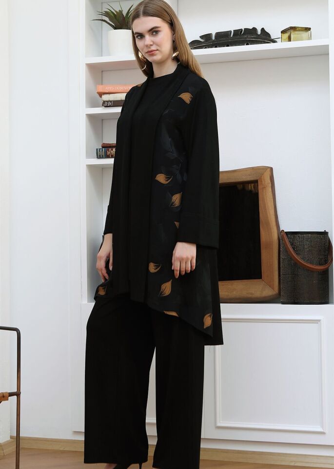 43413 ÖNÜ DÜĞMELİ HARDAL ÇİÇEK DETAYLI GÖMLEK YAKA  ŞIK TUNİK