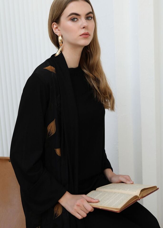 43413 ÖNÜ DÜĞMELİ HARDAL ÇİÇEK DETAYLI GÖMLEK YAKA  ŞIK TUNİK