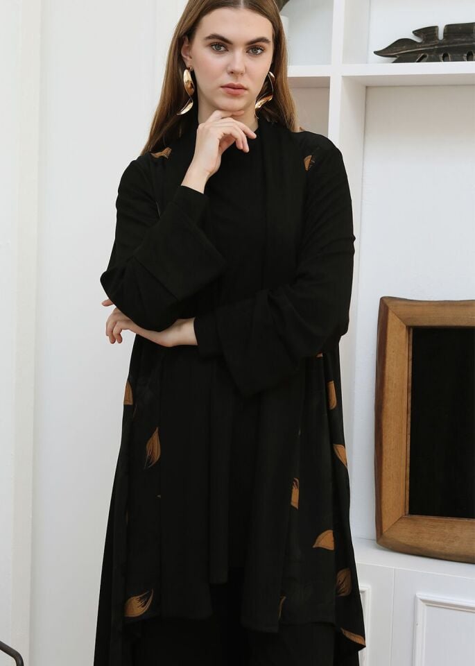 43413 ÖNÜ DÜĞMELİ HARDAL ÇİÇEK DETAYLI GÖMLEK YAKA  ŞIK TUNİK