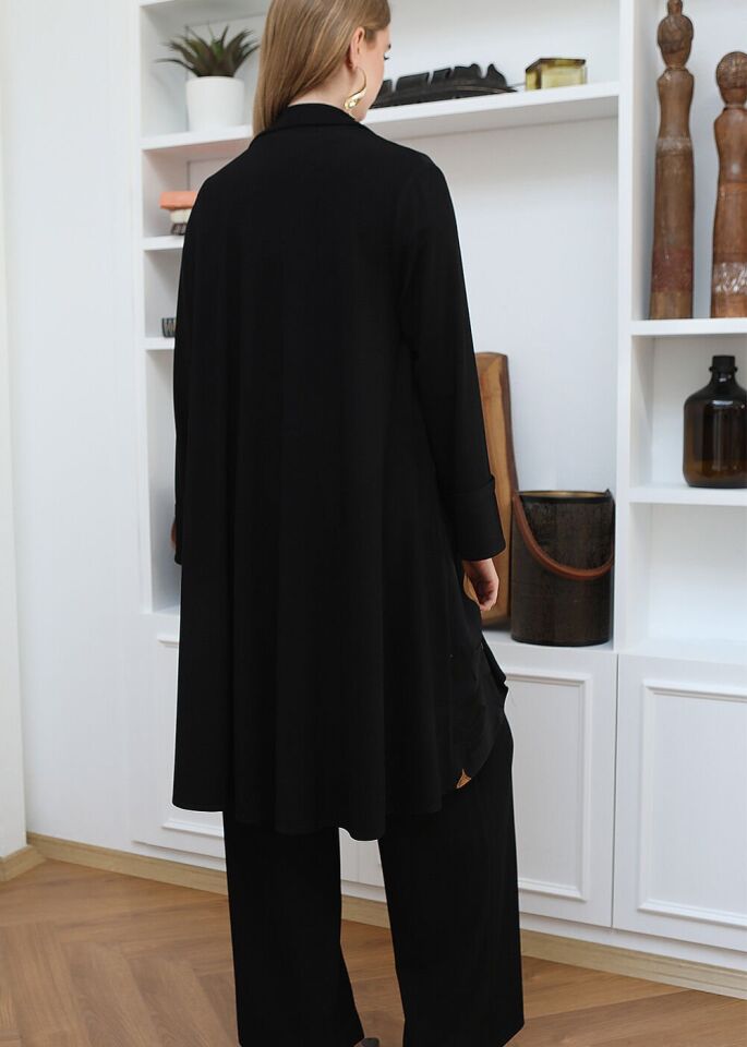 43413 ÖNÜ DÜĞMELİ HARDAL ÇİÇEK DETAYLI GÖMLEK YAKA  ŞIK TUNİK