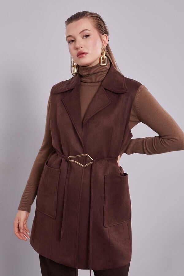 710031 ÖNÜ CEPLİ BELİ BAĞLAMALI KRUVAZE YAKA SÜET YELEK #12-25#