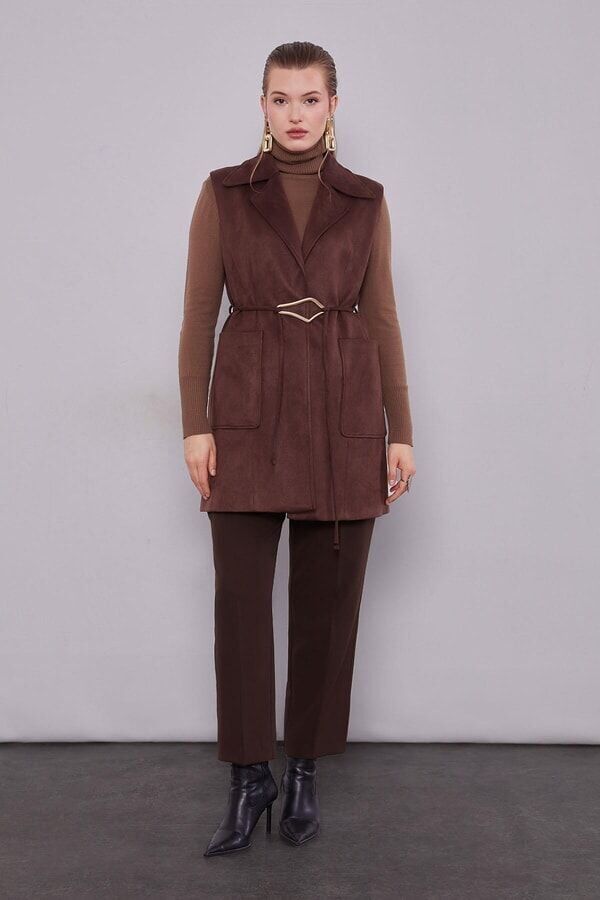 710031 ÖNÜ CEPLİ BELİ BAĞLAMALI KRUVAZE YAKA SÜET YELEK #12-25#