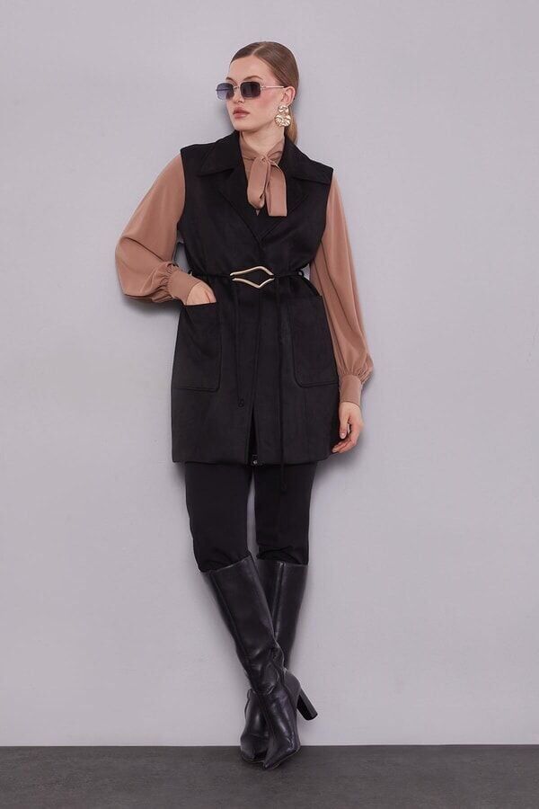 710031 ÖNÜ CEPLİ BELİ BAĞLAMALI KRUVAZE YAKA SÜET YELEK #12-25#