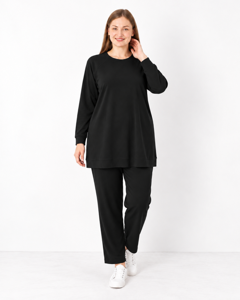 948 İP DETAYLI OYŞO KUMAŞ PANTOLONUN BELİ LASTİKLİ CEPLİ  İKİLİ TAKIM #10-25#