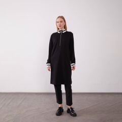 210292 ÖNÜ YARIM FERMUARLI YAKASI VE KOL UCU ŞERİT DETAYLI LASTİKLİ YANLARI YIRTMAÇLI TUNİK #12-25#