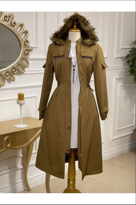 4220 KABAN  YAKASI KÜRK BELİ BAĞLAMA DETAYLI TRENÇ MONT QKS   TRENÇ KABAN