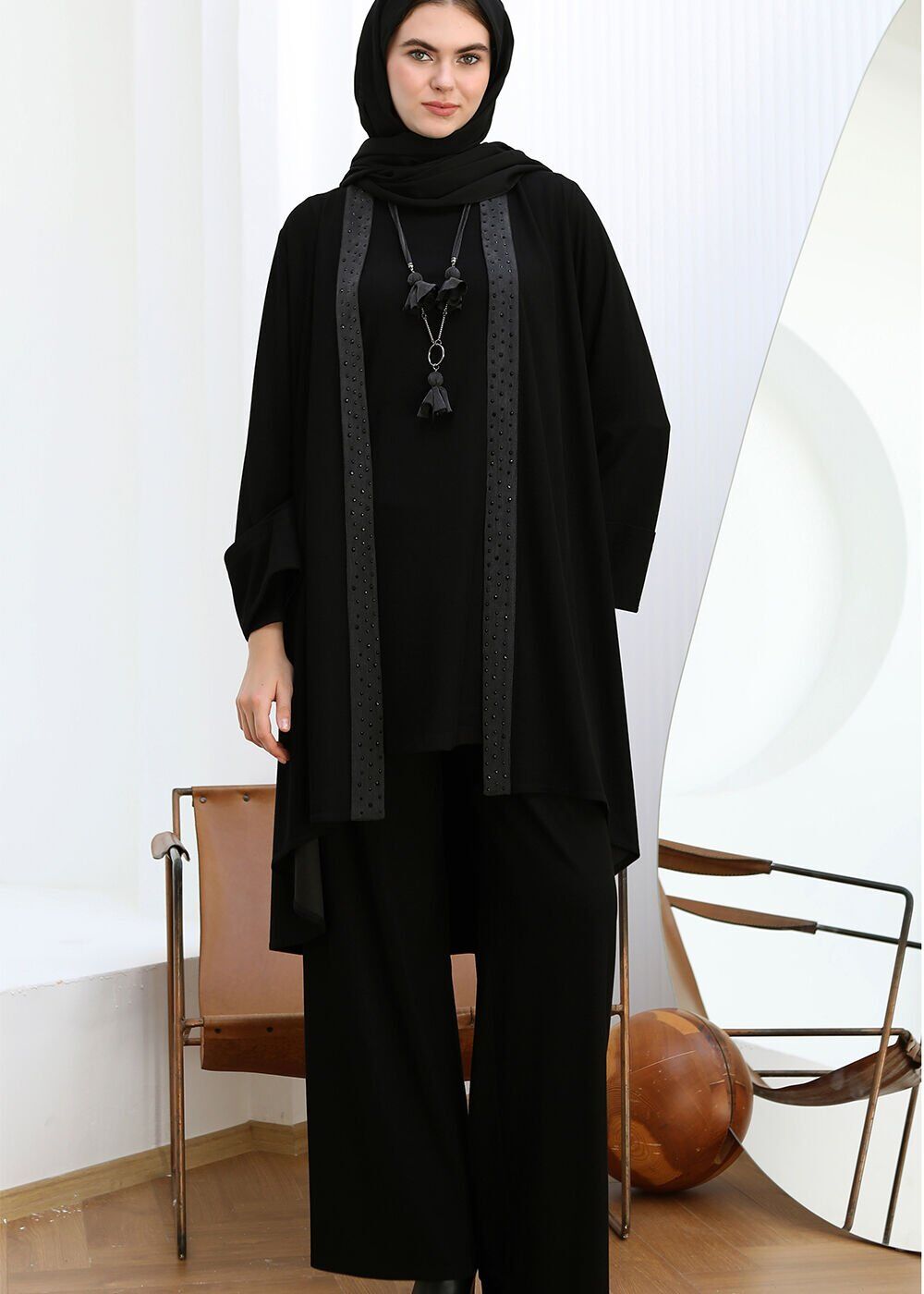 43824 İÇİ UZUN KOLLU HIRKASI SATEN VE TAŞ DETAYLI KOLLARI KATLI İKİ İPLİK 2Lİ TAKIM