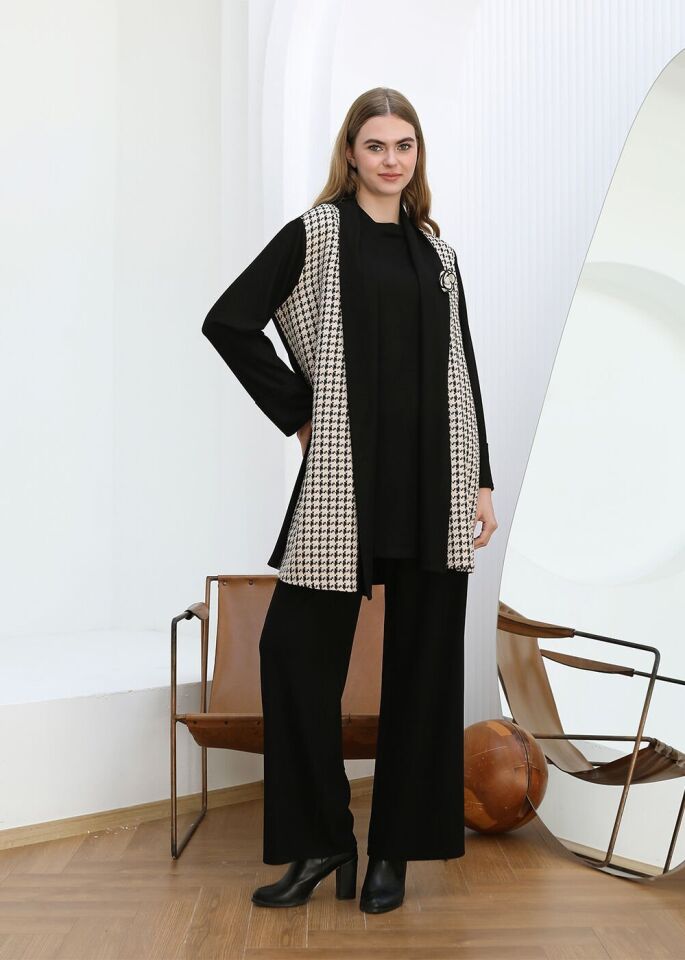 43826 İÇİ UZUN KOLLU CEKETİ KAZAYA DESENLİ KOLU KAT DETAYLI İKİ İPLİK 2Lİ TAKIM