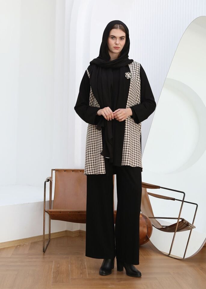 43826 İÇİ UZUN KOLLU CEKETİ KAZAYA DESENLİ KOLU KAT DETAYLI İKİ İPLİK 2Lİ TAKIM