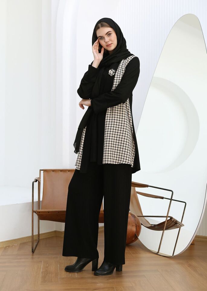 43826 İÇİ UZUN KOLLU CEKETİ KAZAYA DESENLİ KOLU KAT DETAYLI İKİ İPLİK 2Lİ TAKIM