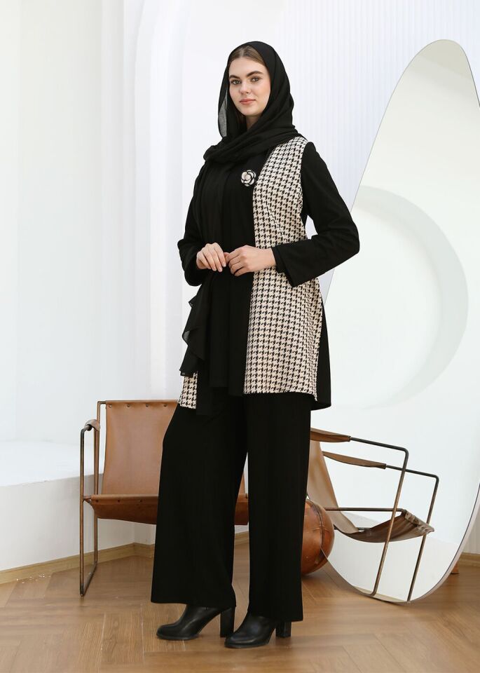 43826 İÇİ UZUN KOLLU CEKETİ KAZAYA DESENLİ KOLU KAT DETAYLI İKİ İPLİK 2Lİ TAKIM