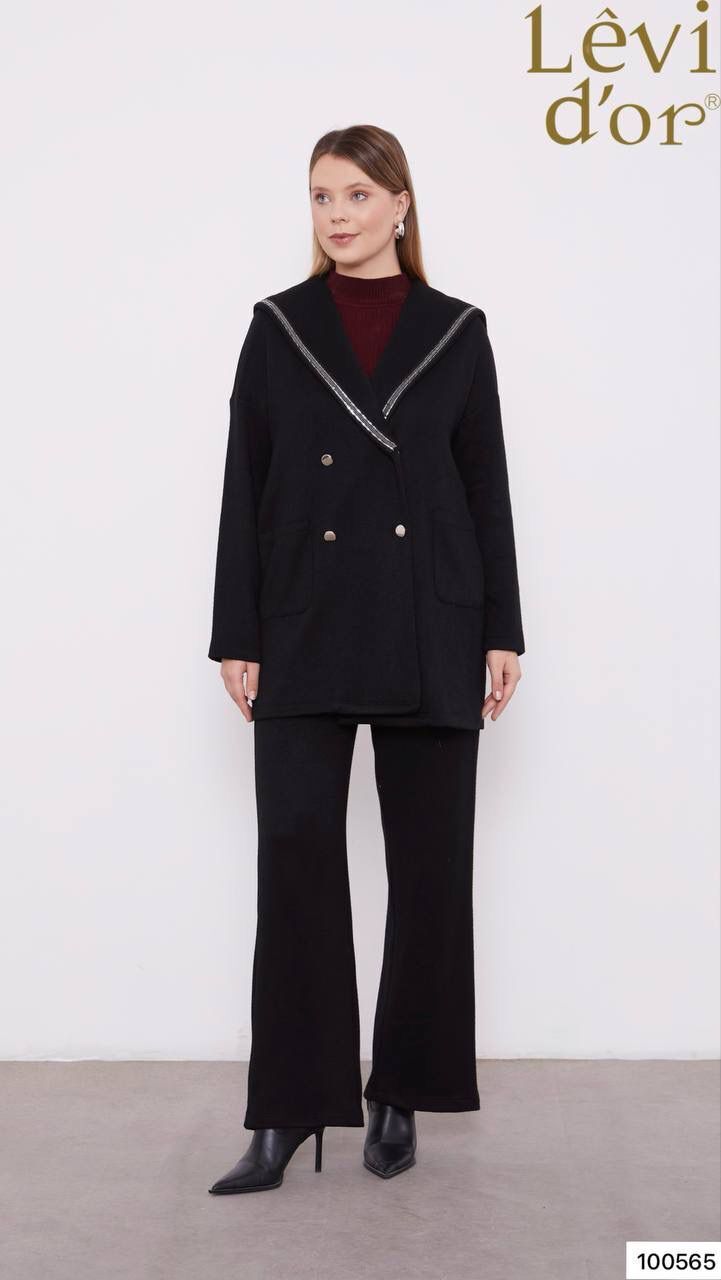 100565 CEKETLİ TAKIM ÖNÜ ÇİFT DÜĞMELİ KRAUZE YAKA ŞERİT DETAYLI ÇİFT CEPLİ PANTOLONUN BELİ LASTİKLİ BOL PAÇA SPOR ŞIK CEKETLİ TAKIM