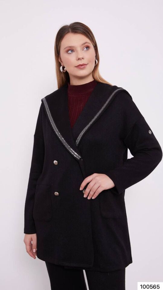 100565 CEKETLİ TAKIM ÖNÜ ÇİFT DÜĞMELİ KRAUZE YAKA ŞERİT DETAYLI ÇİFT CEPLİ PANTOLONUN BELİ LASTİKLİ BOL PAÇA SPOR ŞIK CEKETLİ TAKIM