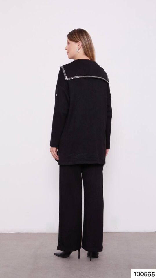 100565 CEKETLİ TAKIM ÖNÜ ÇİFT DÜĞMELİ KRAUZE YAKA ŞERİT DETAYLI ÇİFT CEPLİ PANTOLONUN BELİ LASTİKLİ BOL PAÇA SPOR ŞIK CEKETLİ TAKIM