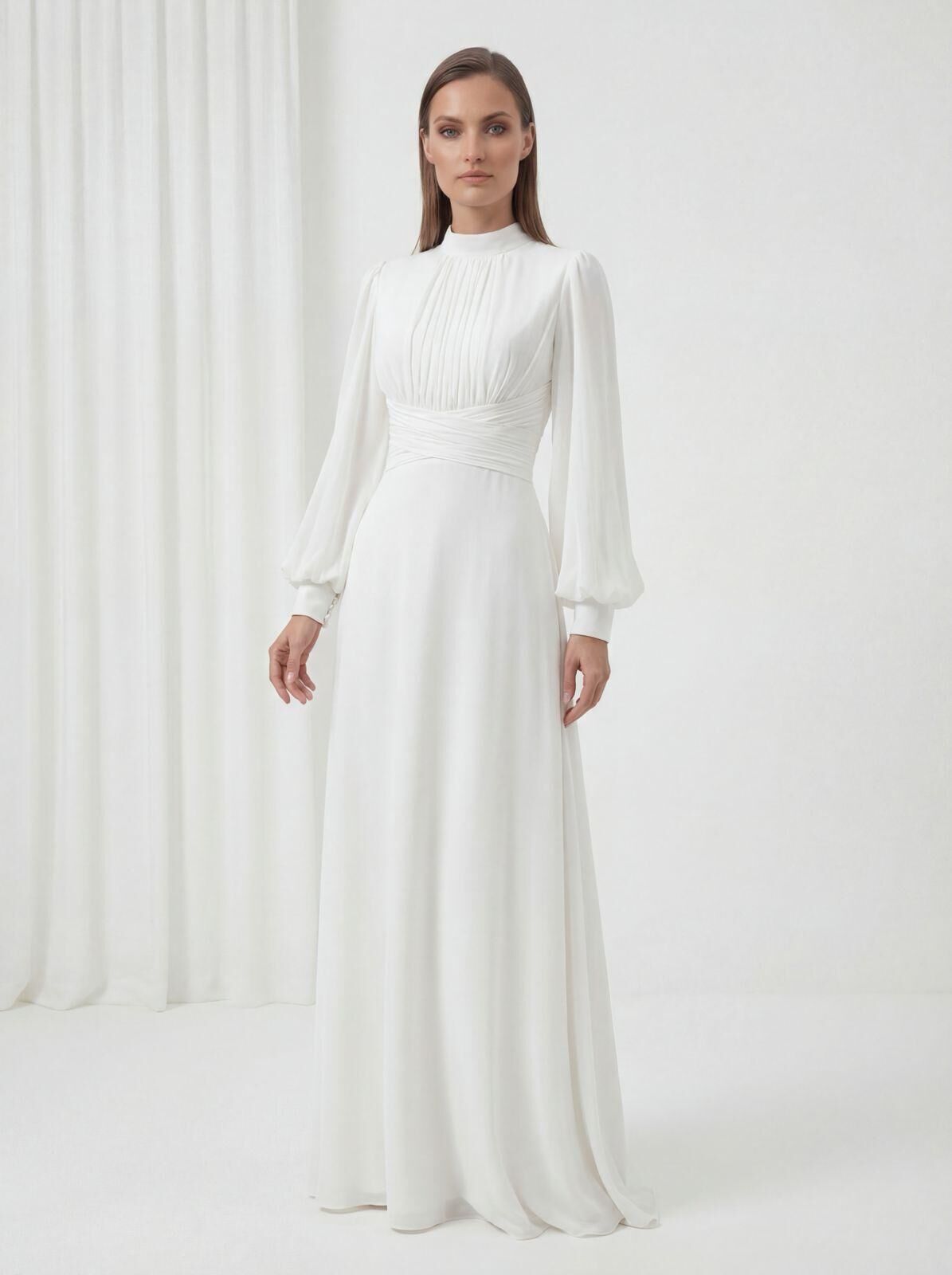 30081 GÖGSÜ DRAPELİ BELİ KAT DETAYLI BALON KOL ŞİFON ABİYE #26#