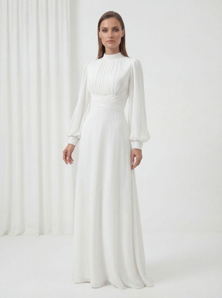 30081 GÖGSÜ DRAPELİ BELİ KAT DETAYLI BALON KOL ŞİFON ABİYE #26#