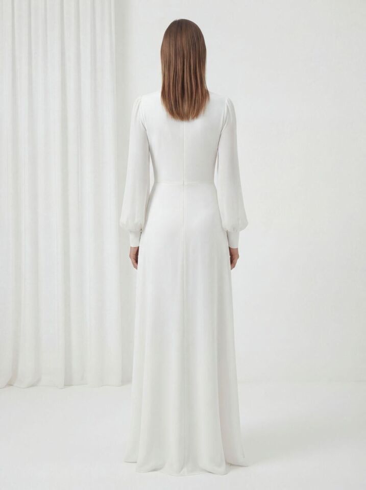 30081 GÖGSÜ DRAPELİ BELİ KAT DETAYLI BALON KOL ŞİFON ABİYE #26#