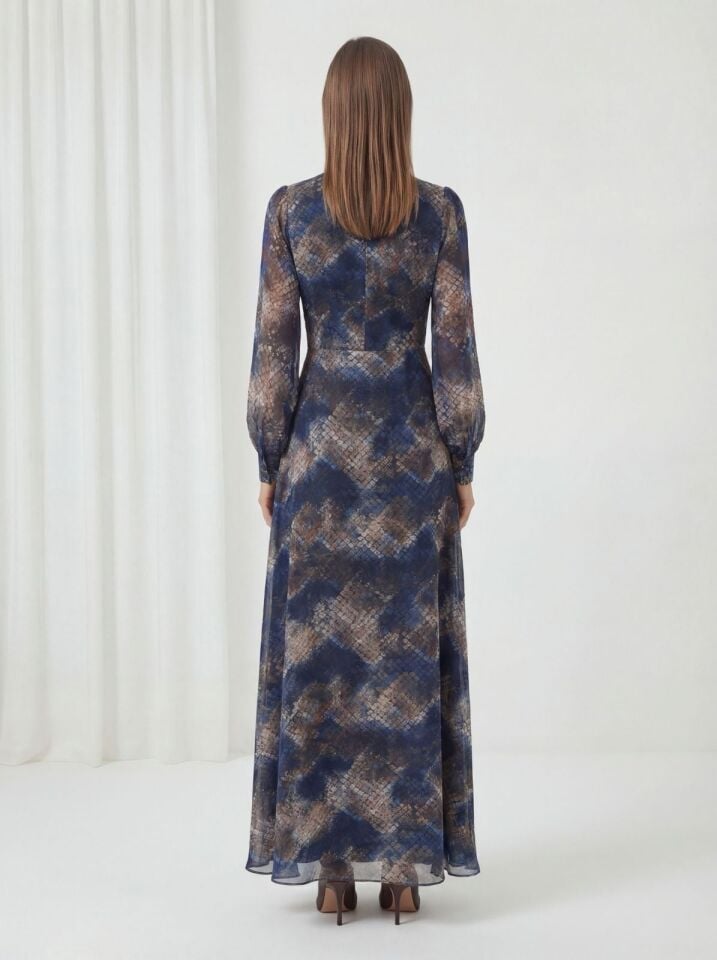 30073 GÖGÜSÜ DRAPELİ BELİ KAT DETAYLI BALON KOL DESENLİ ŞİFON ABİYE #26#