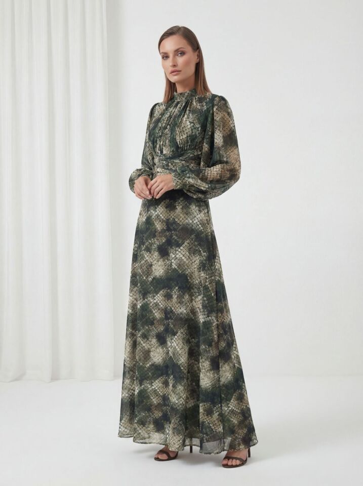 30073 GÖGÜSÜ DRAPELİ BELİ KAT DETAYLI BALON KOL DESENLİ ŞİFON ABİYE #26#