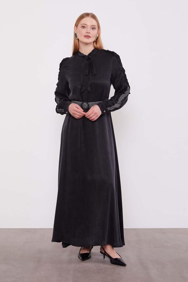 330282 SIFIR YAKA YAKASI BAĞLAMALI OMUZDAN KOL UCUNA KADAR FİLE DETAYLI BELİ KEMERLİ KEMERİ FİLELİ KUPRA ELBİSE #06-25#