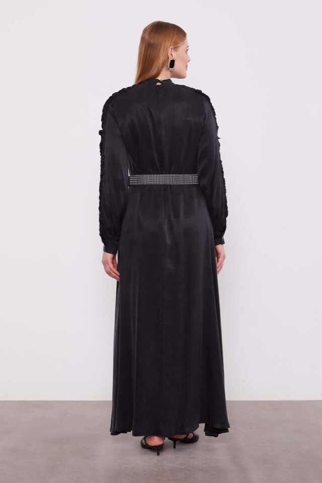 330282 SIFIR YAKA YAKASI BAĞLAMALI OMUZDAN KOL UCUNA KADAR FİLE DETAYLI BELİ KEMERLİ KEMERİ FİLELİ KUPRA ELBİSE #06-25#