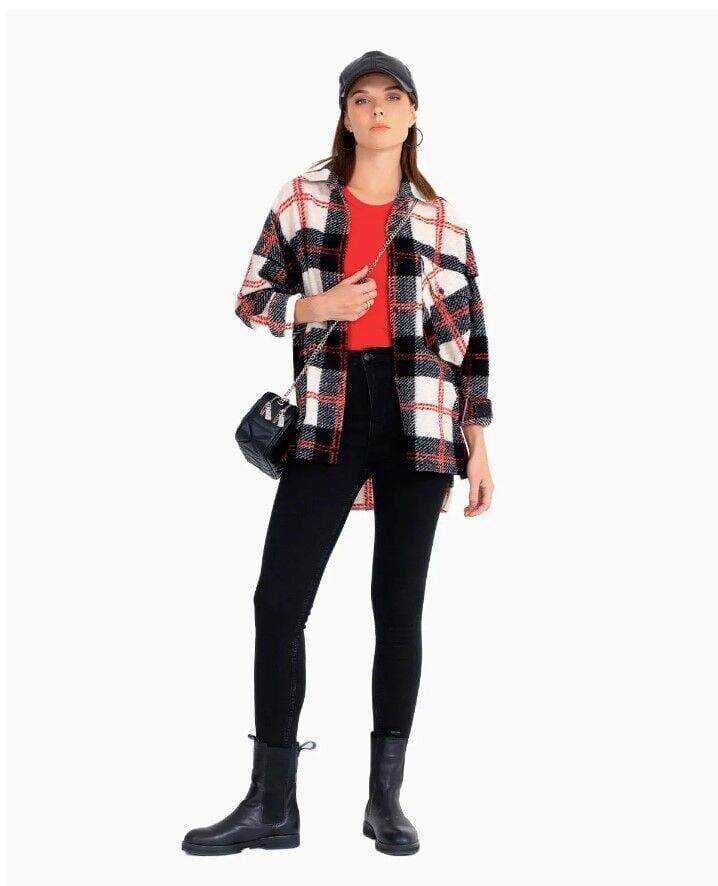 ODUNCU GÖMLEK EKOSE DESENLİ OVERSİZE CEP DETAYLI   QKS GÜNLÜK GÖMLEK 221201039 #22-12#