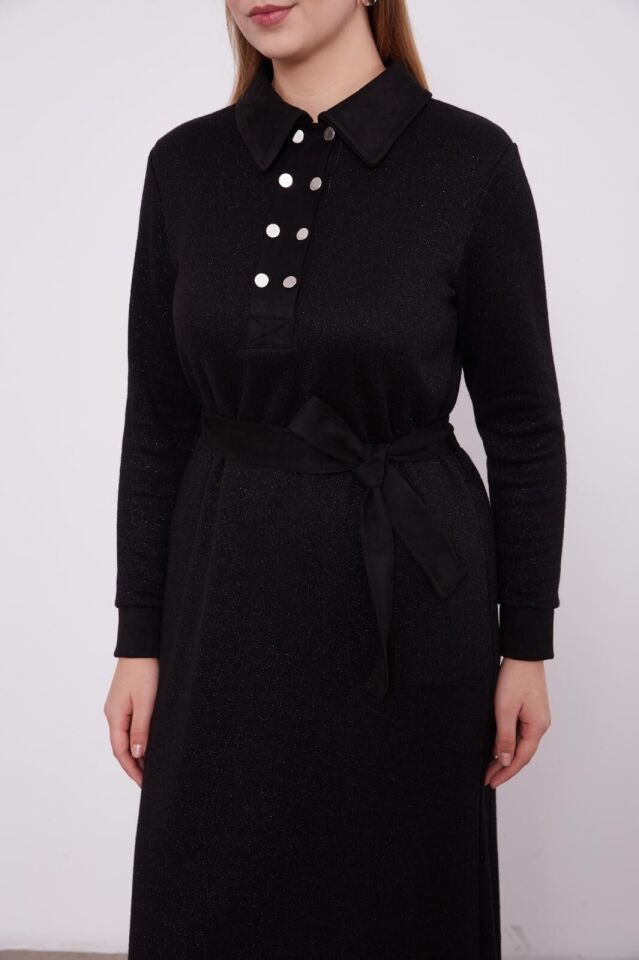 330257 ÖNÜ GÖĞÜSE KADAR YARIM DÜĞMELİ YAKA VE KOL UCU SÜET DETAYLI KAŞMİR ELBİSE