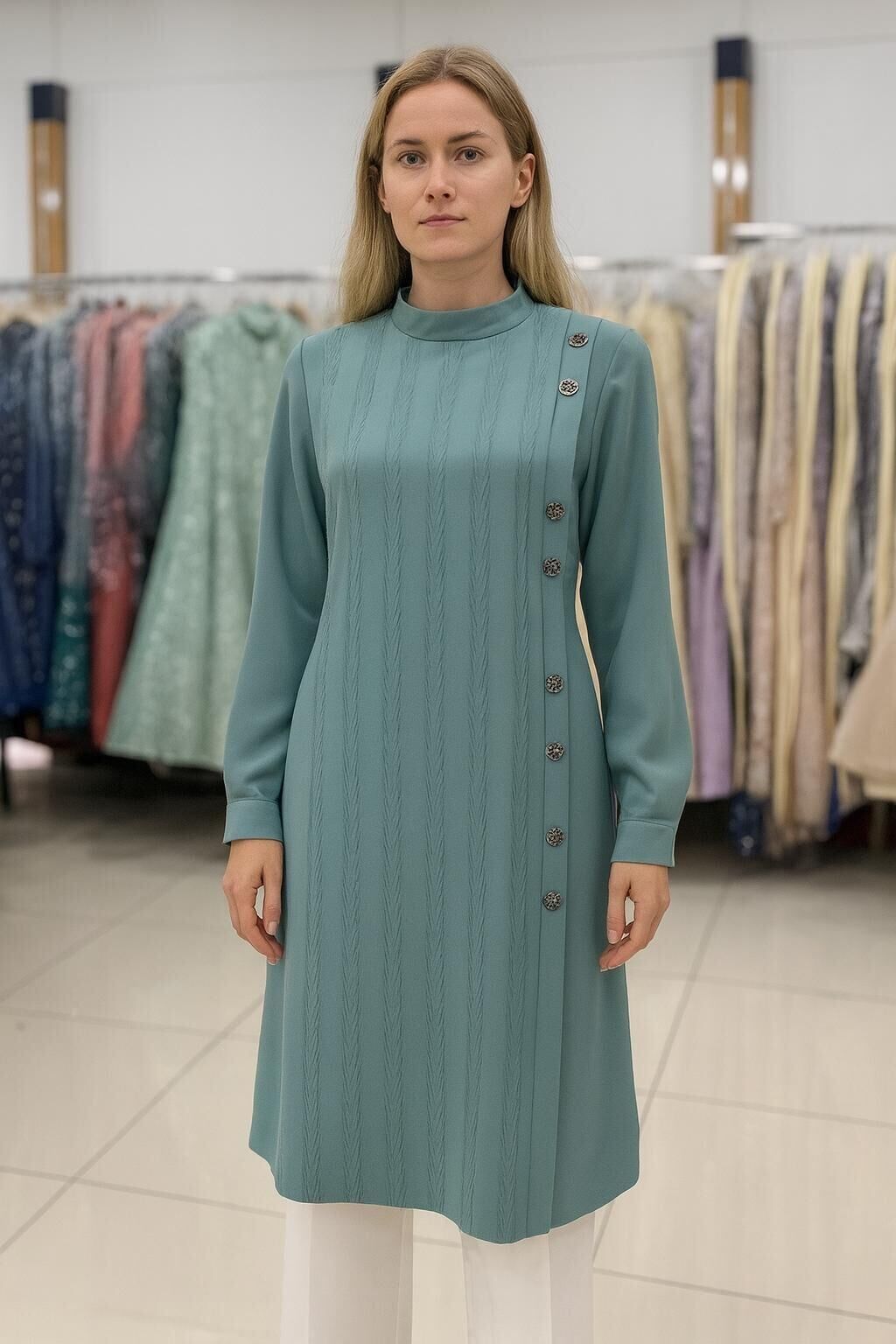 25234 ÖNÜ DÜĞMELİ SIFIR YAKA ÖN KISMI DESENLİ ŞIK GÖMLEK TUNİK #05-25#