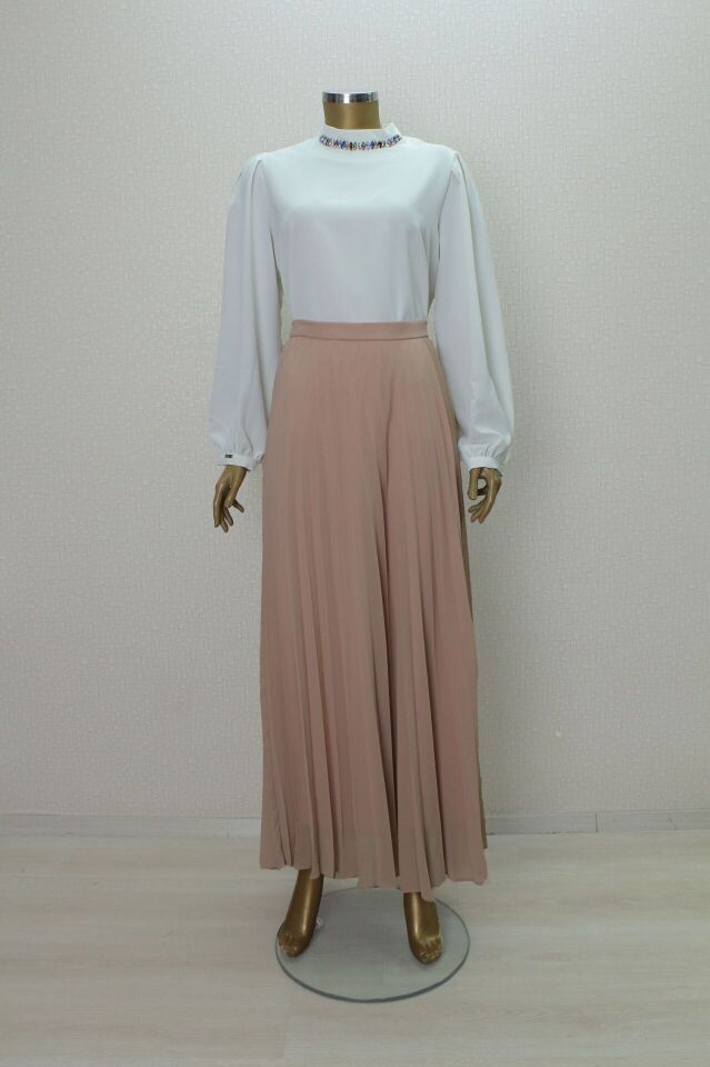 2006 DÜZ RENK BELİ LASTİKLİ PİLİSELİ ŞİFON ETEK QYS ETEK LVSS2242006 #23-01#