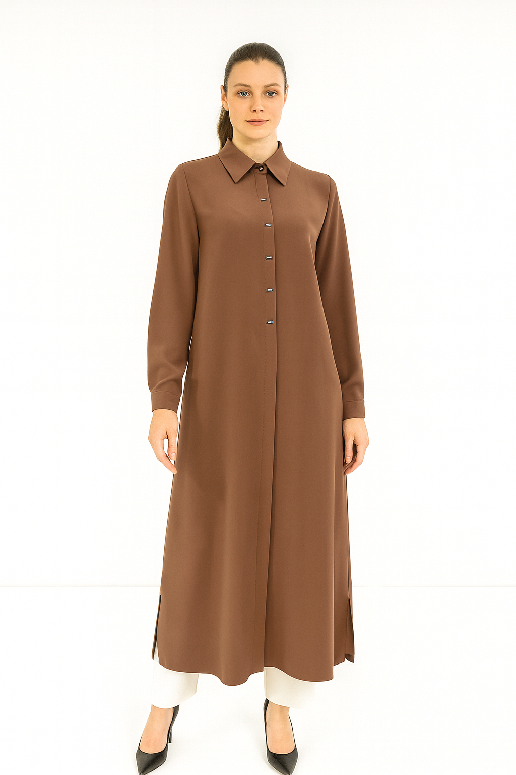 1552-1 ÖNDEN GİZLİ DÜĞMELİ KOL UCU MANŞETLİ A KESİM GİY-ÇIK KREP KAP #05-25#