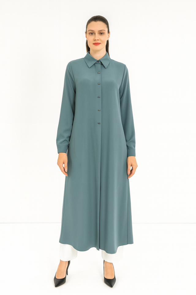 1552-1 ÖNDEN GİZLİ DÜĞMELİ KOL UCU MANŞETLİ A KESİM GİY-ÇIK KREP KAP #05-25#