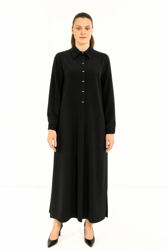 1552-1 ÖNDEN GİZLİ DÜĞMELİ KOL UCU MANŞETLİ A KESİM GİY-ÇIK KREP KAP #05-25#