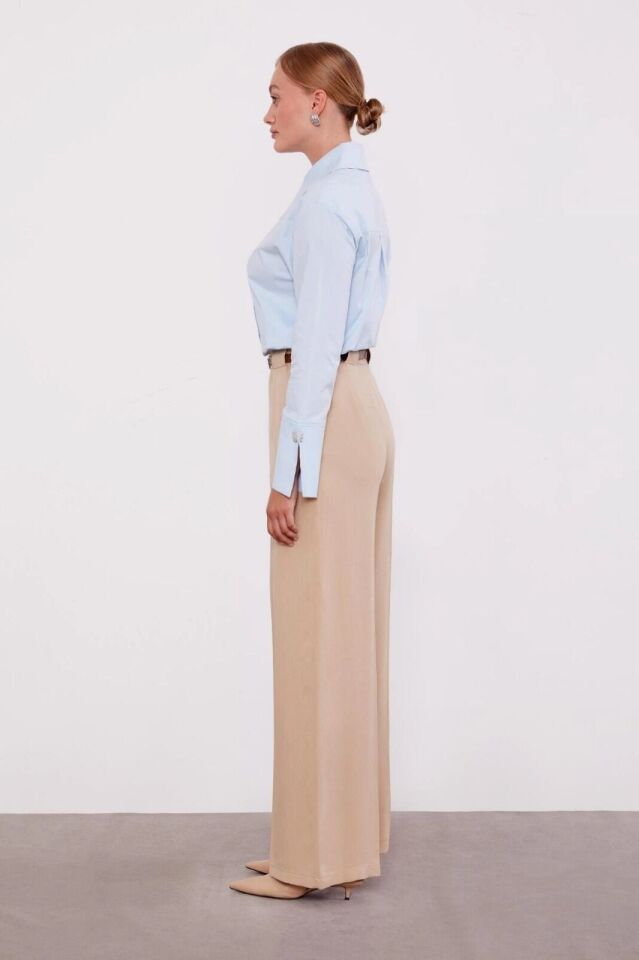 410108 YÜKSEK BEL KEMERLİ BOL PAÇA KETEN PANTOLON #07-25#