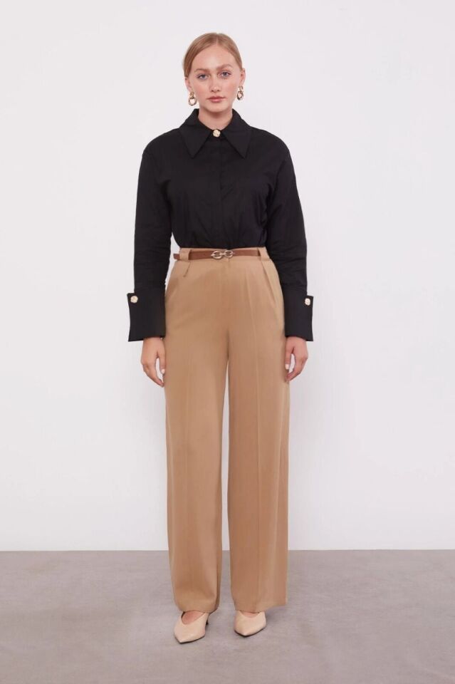 410108 YÜKSEK BEL KEMERLİ BOL PAÇA KETEN PANTOLON #07-25#