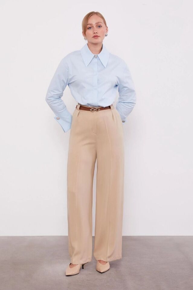 410108 YÜKSEK BEL KEMERLİ BOL PAÇA KETEN PANTOLON #07-25#