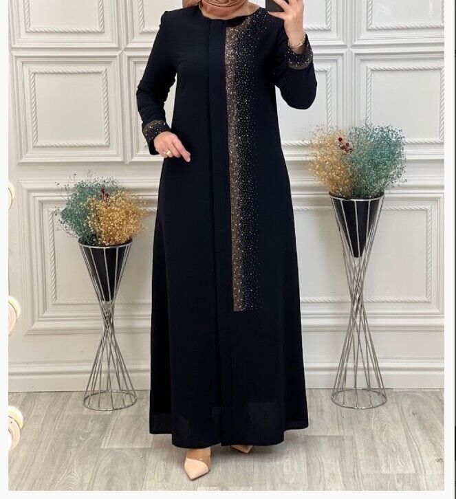 4062ÖNÜ VE KOL UCU TAŞLI SIFIR YAKA SERPME TAŞLI ÖZEL GÜN SIFIR YAKA TAM BOY FERACE QYS 4062 #23-01#