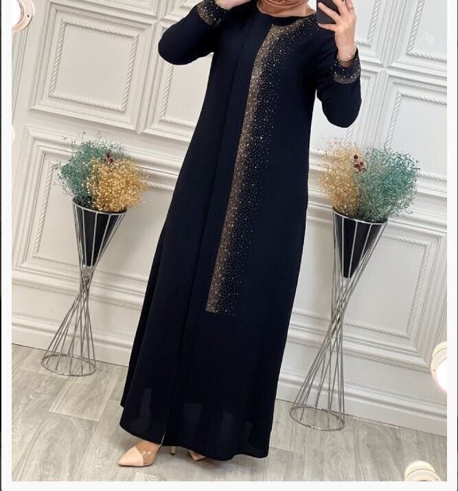 4062ÖNÜ VE KOL UCU TAŞLI SIFIR YAKA SERPME TAŞLI ÖZEL GÜN SIFIR YAKA TAM BOY FERACE QYS 4062 #23-01#